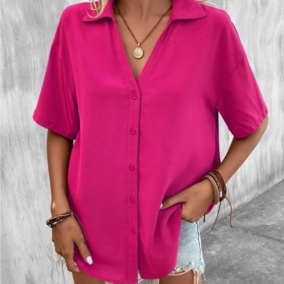 New hot pink button down short sleeve top - Picture 3 of 8